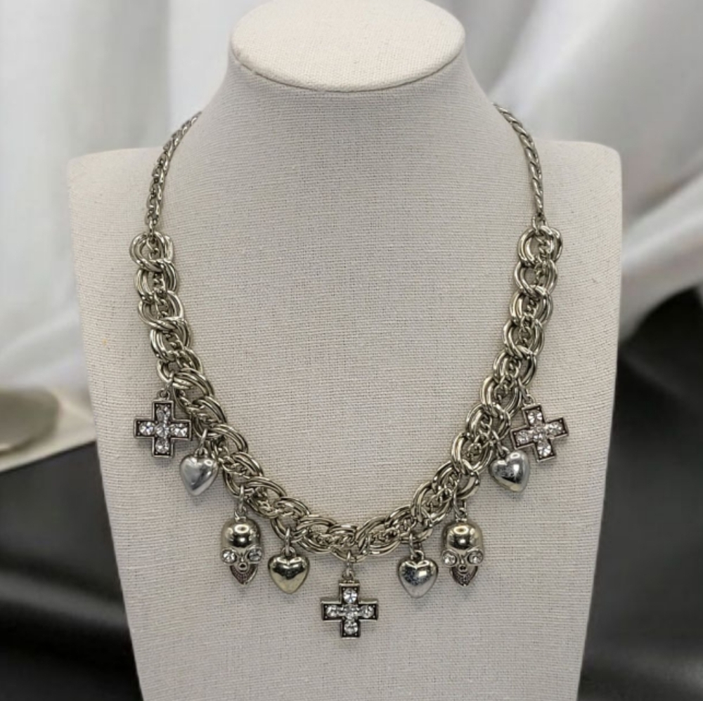 Vintage Gwen Signed Charm Necklace Skulls Hearts Crosses Rhinestones Silvertone